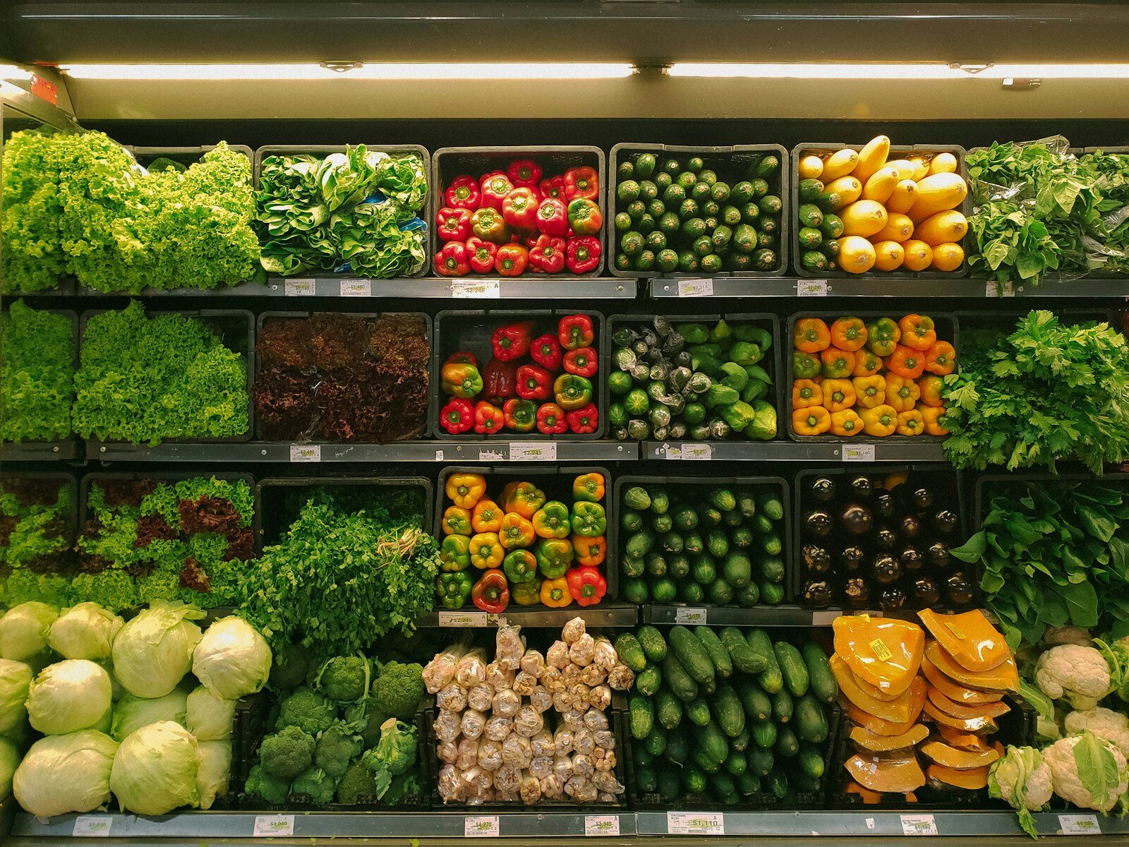 Colourful fresh vegetables stacked in crates on a grocery produce wall